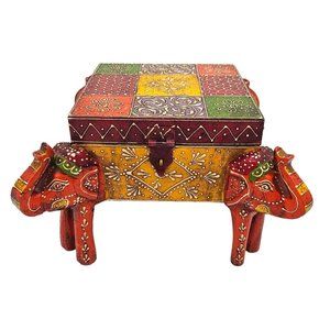 Vintage Multicolor Wooden Four Elephant Trinket Box | Boho Indian Ethnic Style